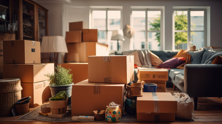 Moving boxes in new house. Moving to a new home conceptの素材