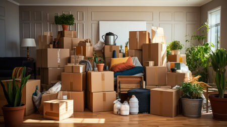 Moving boxes in new house. Moving day conceptの素材
