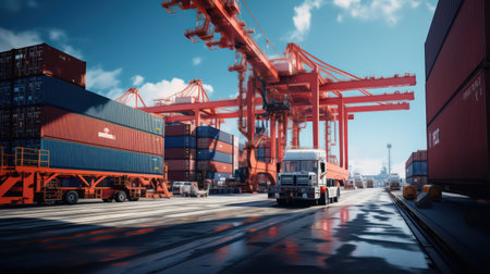 Container Cargo freight ship with working crane bridge in shipyard for Logistic Import Export backgroundの素材