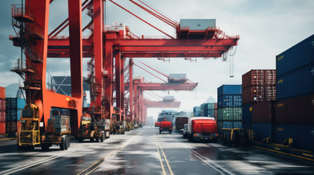 Container Cargo freight ship with working crane bridge for Logistic Import Export backgroundの素材