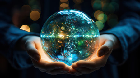 Hand holding a glowing globe with map of the world. Global business conceptの素材