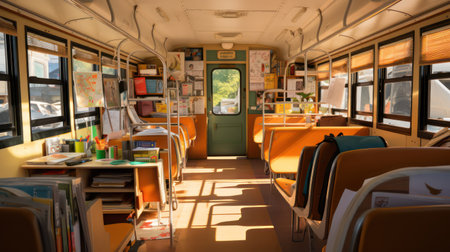 Interior of a school bus with lots of books and notebooksの素材