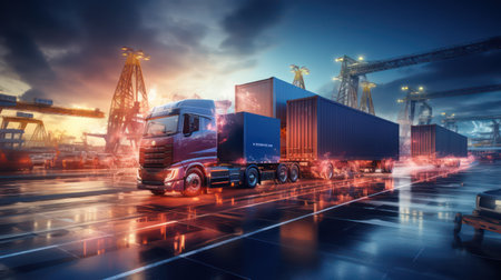Truck with container in port at sunset. Logistics and transportation conceptの素材