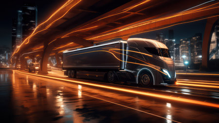 Truck on the road in the city at nightの素材
