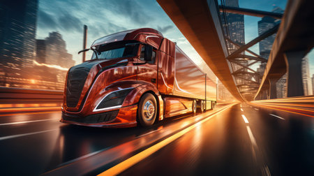 Truck on the road with motion blur background. Transportation conceptの素材