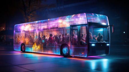 Silhouette of a bus with neon lightsの素材