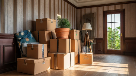 Moving boxes in a new houseの素材