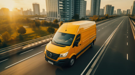 Delivery van on the highway at sunsetの素材