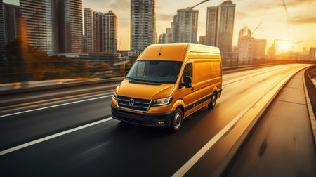 Van on the road with motion blur background. Concept of fast deliveryの素材