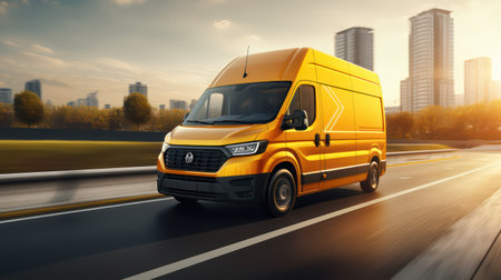 Modern yellow delivery van on the highway in the cityの素材