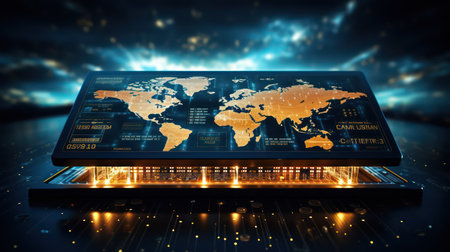 Conceptual image with world map on laptopの素材