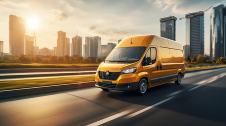 Delivery van on the road with cityscape background. Transportation and logistics conceptの素材