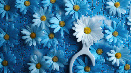White daisies on a blue background with puzzlesの素材
