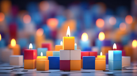 Colorful candles on blue backgroundの素材