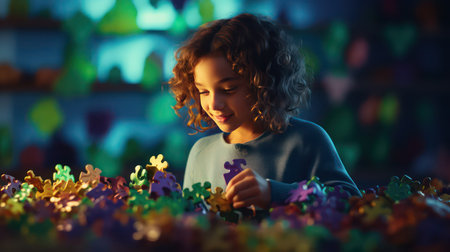 Cute little girl playing with colorful puzzle pieces in the room at homeの素材