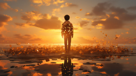 man standing on the beach at sunsetの素材