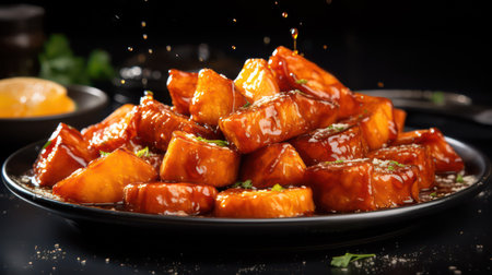 Sweet and sour tofu in sweet and sour sauce on a black backgroundの素材