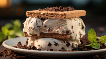 Tasty ice cream with chocolate and mint on plate, closeupの素材