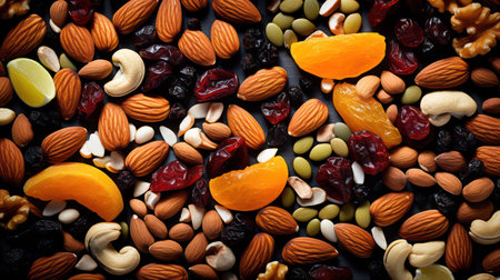 Assortment of nuts and dried fruits on dark background. Top view.の素材
