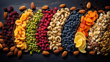 Mixed dried fruits and nuts on wooden background. Top view.の素材