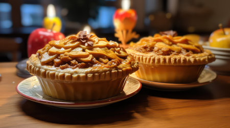 Apple tart with caramelized apples on wooden table. Selective focus.の素材