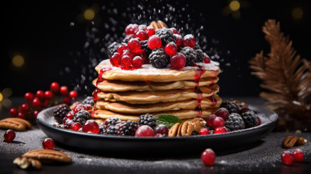 Pancakes with berries and powdered sugar on a black background.の素材