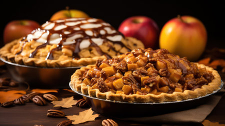 Homemade apple pie with caramelized apples on a dark wooden background.の素材