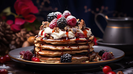Stack of pancakes with berries and whipped cream. Selective focus.の素材