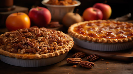 Homemade apple pie with pecan nuts on rustic wooden backgroundの素材