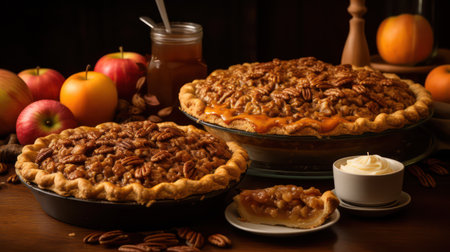 Homemade apple pie with pecan nuts and honey on wooden tableの素材