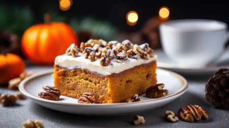 Pumpkin cake with whipped cream and nuts on a dark backgroundの素材