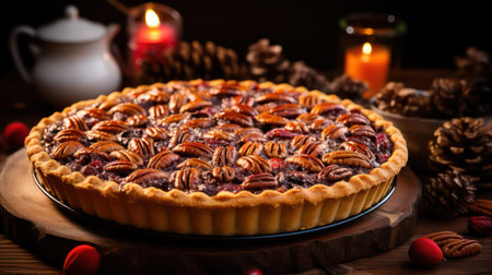 Pecan pie with cinnamon and pecan nuts on wooden backgroundの素材