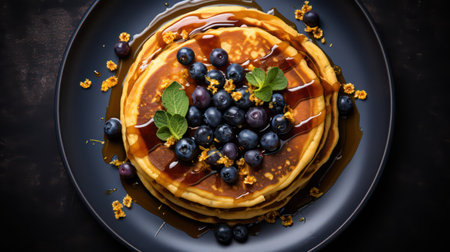 Pancakes with blueberries and honey on a black plate.の素材