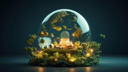 A glass globe with a Chinese temple inside.の素材