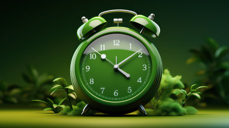 Green alarm clock on green background.の素材