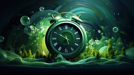 Green alarm clock in green underwater landscapeの素材
