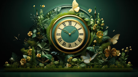 A green background with a clock and flowers.の素材