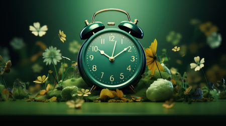 Green alarm clock with flowers on green background.の素材