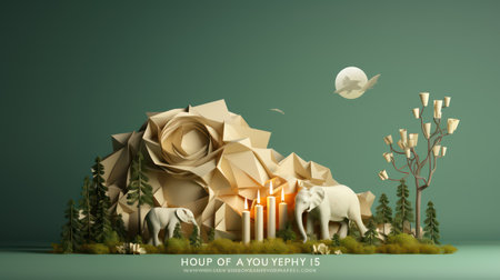 A fairy tale scene with origami paper elephant, moon and starsの素材