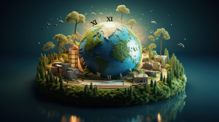 Earth planet and buildings on the background of nature.の素材
