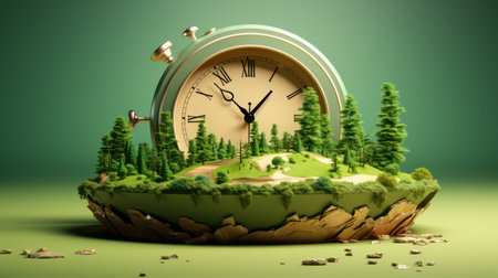 Green planet with clock and forest on green backgroundの素材