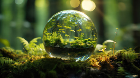Glass globe in the forest with ferns and moss background.の素材