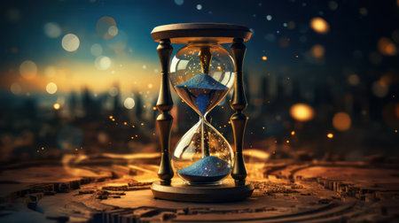 Hourglass on the background of the night city. Time concept.の素材