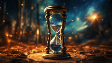 Time concept. Old hourglass on dark background.の素材
