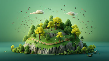 Landscape with green forest and flying birds.の素材