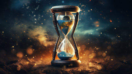 Time concept. Hourglass on the background of the planet earth.の素材