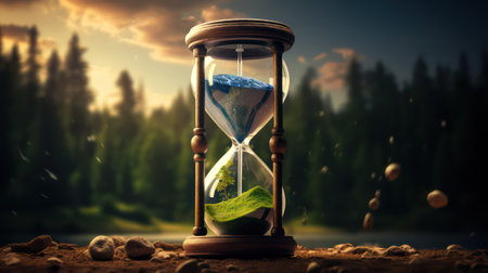 Time concept. Hourglass with sand and green plant on nature backgroundの素材