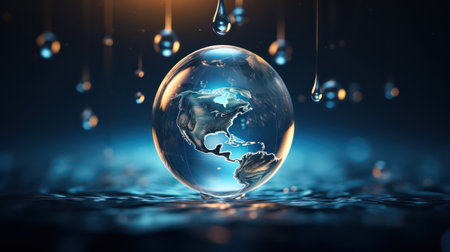 Globe with world map and falling drops of water.の素材