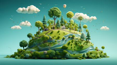 Areen planet with trees and clouds on blue backgroundの素材