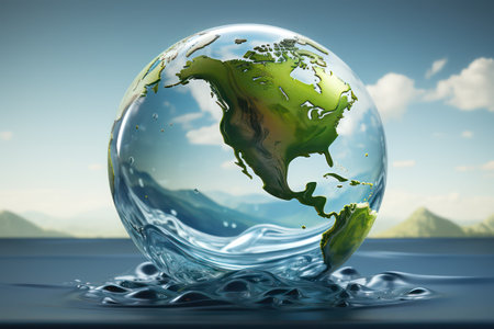 A glass globe with the planet Earth in waterの素材